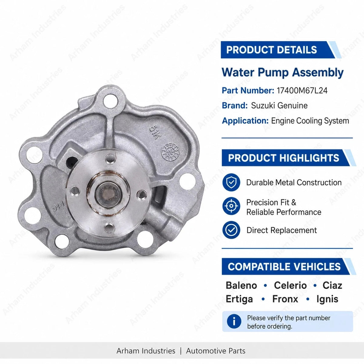Suzuki Genuine Water Pump for Baleno Celerio Ciaz Ertiga Fronx Ignis 17400M67L24