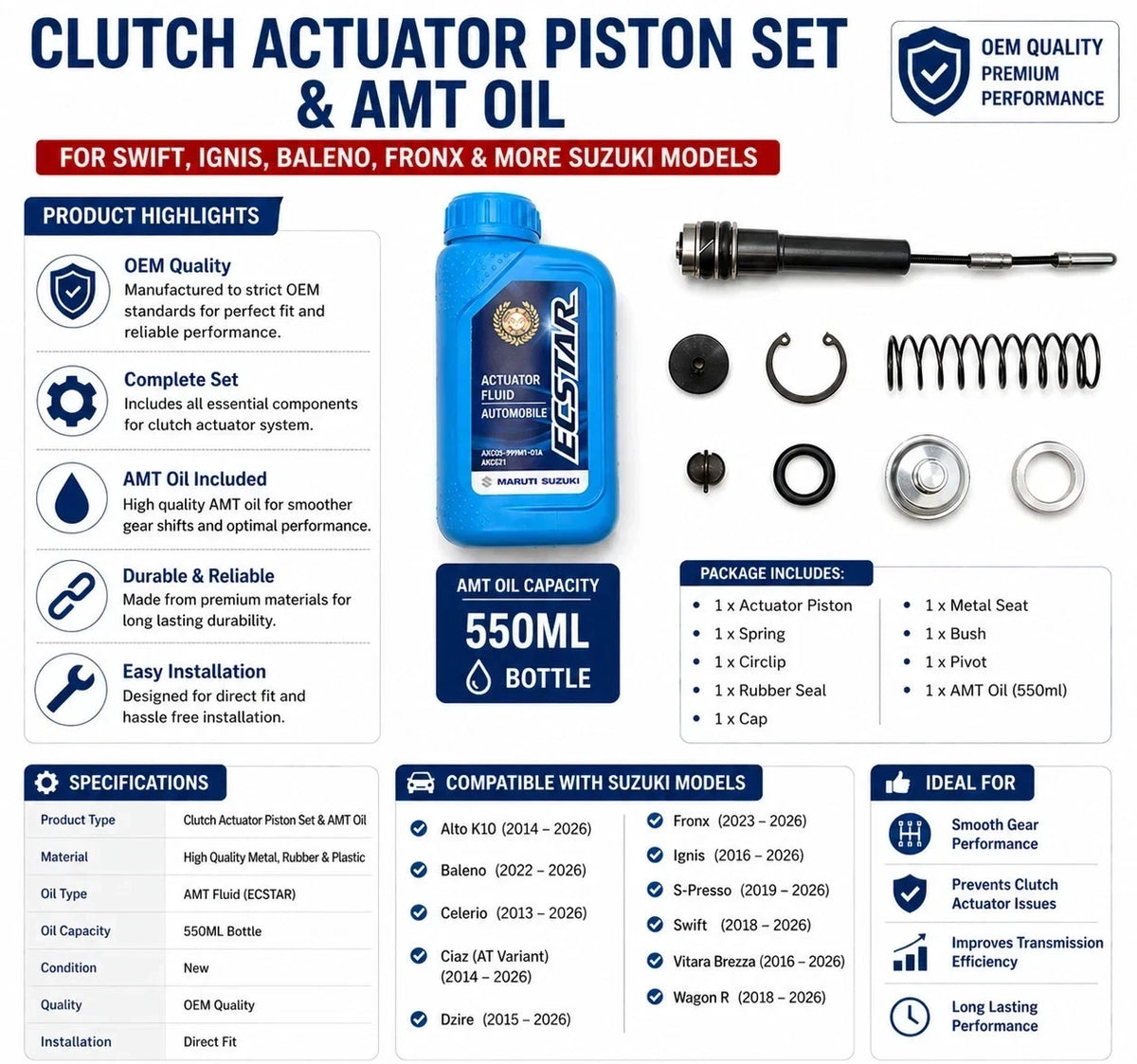 Genuine Suzuki Clutch Actuator Piston Set & AMT Oil for Swift Ignis Baleno Fronx 2640tm76me1 99000M24121-135